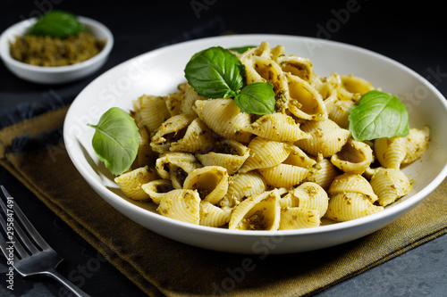 Conchiglie pasta with pesto sauce