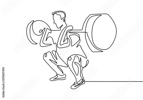 One line drawing of man body builder at gym. Male person workout with lifting barbells during a weightlifting session at gymnasium.