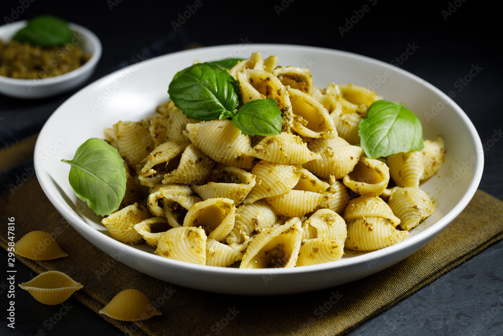 Conchiglie pasta with pesto sauce