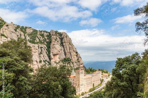 Santa Maria de Montserrat Abbey in Monistrol de Montserrat Monastery view from above located nearby from Barcelona in Catalonia, Spain