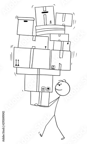 Vector cartoon stick figure drawing conceptual illustration of man or businessman carrying or balancing big pile of carton or paper boxes.