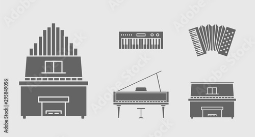 Music instruments Icons set - Vector solid silhouettes of piano, accordion, bayan and synthesizer for the site or interface