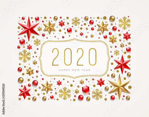 New Year 2020 greeting illustration. Frame made from stars, ruby gems, golden snowflakes, beads and glitter gold. Vector illustration.