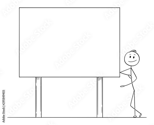 Vector cartoon stick figure drawing conceptual illustration of man or businessman leaning towards and pointing at big empty billboard ready for your text.