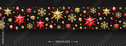 Christmas horizontal seamless pattern with Christmas decoration - stars, ruby gems, golden snowflakes, beads and glitter gold.