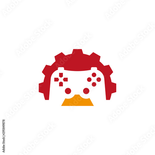 Game joystick and gear wheel flat icon, game development vector illustration isolated on white background.