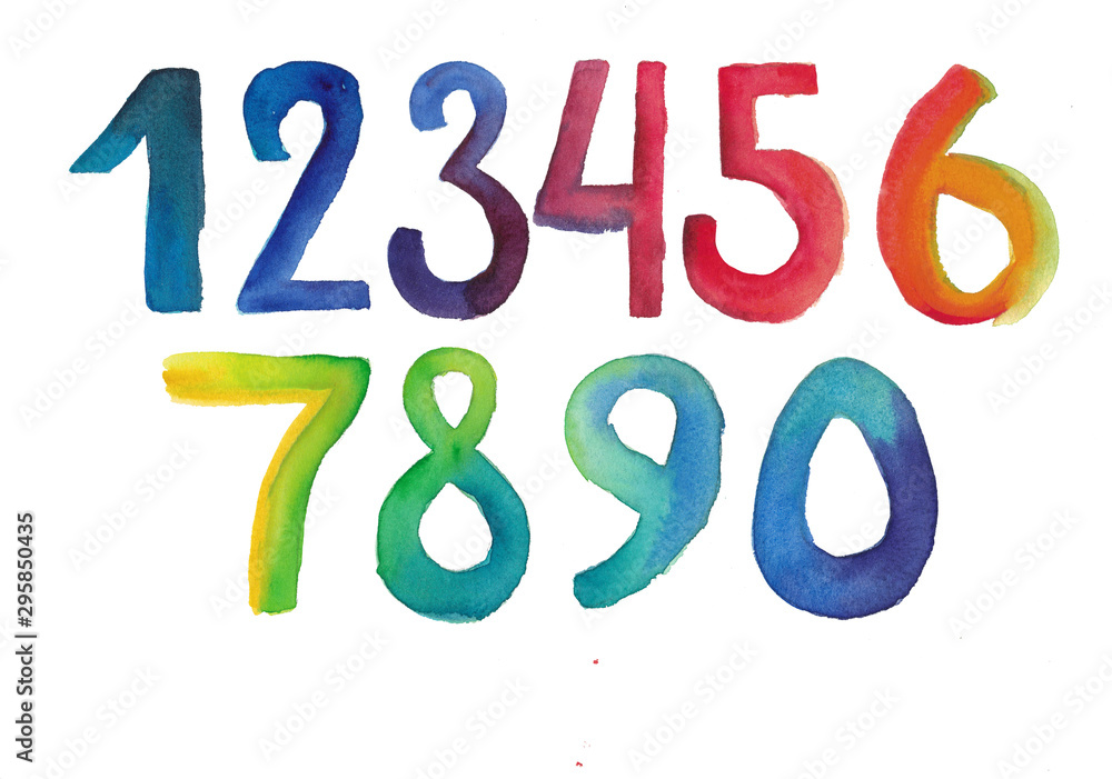 Hand drawn watercolor numbers. Raster template from 0 to 9 in rainbow colors. Design for children's books, packaging, covers, party decor. Watercolor font and count. Hand drawn watercolor numbers. Raster template from 0 to 9 in rainbow colors. Design for children's books, packaging, covers, party decor. Watercolor font and count.