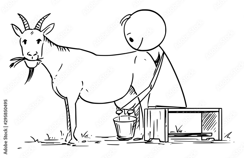 Fototapeta Wektor kreskówka kreska rysunek koncepcyjna ilustracja człowieka lub rolnika dojenia kozy.