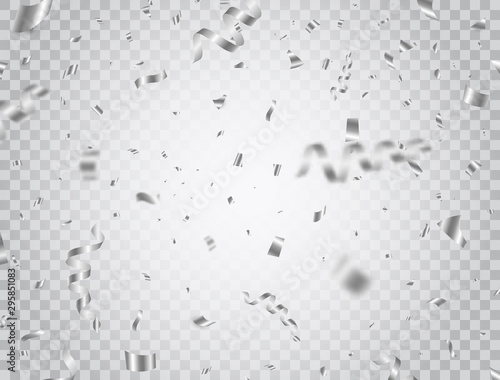 Silver confetti on transparent background. Falling shiny silver confetti and pieces of serpentine. Bright festive tinsel. Birthday decoration. Holiday party design elements. Vector illustration