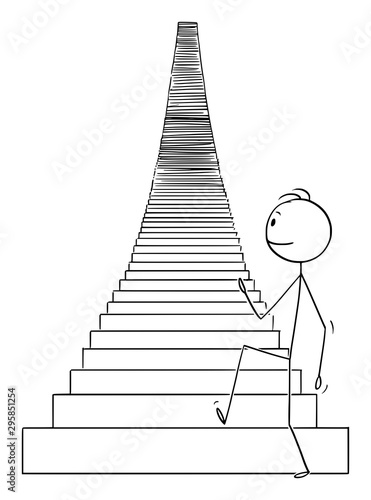Vector cartoon stick figure drawing conceptual illustration of man or businessman walking up the stairs to heaven or success. Business concept of challenge.