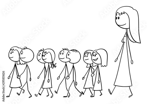 Vector cartoon stick figure drawing conceptual illustration of female kindergarten teacher on the walk with small children.