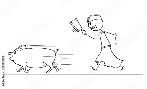 Vector cartoon stick figure drawing conceptual illustration of angry butcher or slaughterer with cleaver or chopper or meat-ax chasing pig on the run.
