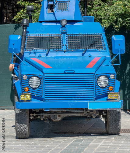 Photography Istanbul, Turkey, September 2018: Bright blue painted armoured c