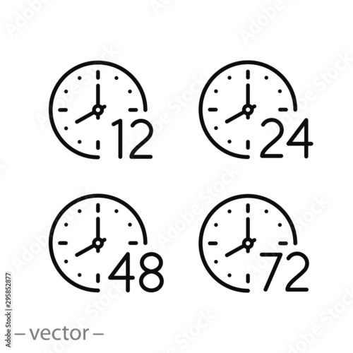 set of time icons, arrow hours 12, 24,48 and 72, delivery service time, work time clock, thin line web symbols on white background - editable stroke vector illustration eps 10