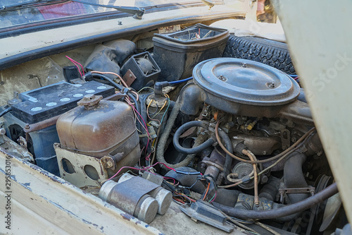 The engine compartment of the car