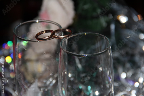 wedding rings on glasses on the background of the bride's veil