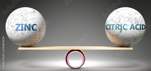 Zinc and citric acid in balance - pictured as balanced balls on scale that symbolize harmony and equity between Zinc and citric acid that is good and beneficial., 3d illustration