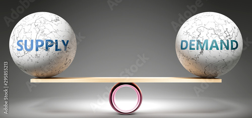 Supply and demand in balance - pictured as balanced balls on scale that symbolize harmony and equity between Supply and demand that is good and beneficial., 3d illustration
