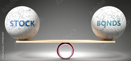 Stock and bonds in balance - pictured as balanced balls on scale that symbolize harmony and equity between Stock and bonds that is good and beneficial., 3d illustration photo