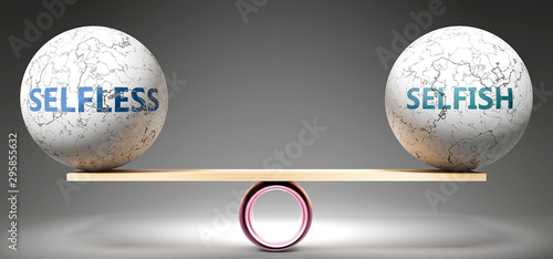 Selfless and selfish in balance - pictured as balanced balls on scale that symbolize harmony and equity between Selfless and selfish that is good and beneficial., 3d illustration photo