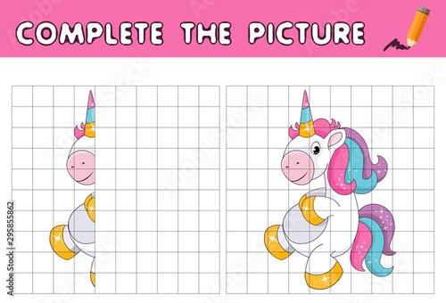Complete the picture of cute unicorn. Copy the picture and color it. Educational game for children