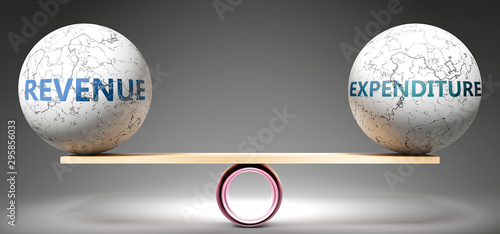 Revenue and expenditure in balance - pictured as balanced balls on scale that symbolize harmony and equity between Revenue and expenditure that is good and beneficial., 3d illustration