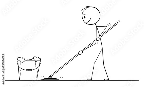 Vector cartoon stick figure drawing conceptual illustration of man mopping or cleaning the floor.