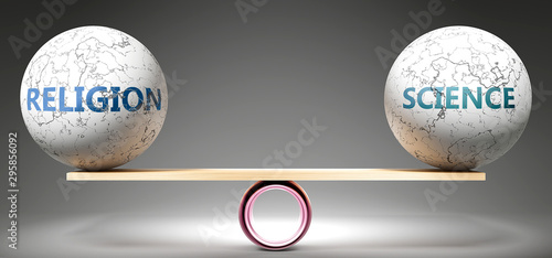 Religion and science in balance - pictured as balanced balls on scale that symbolize harmony and equity between Religion and science that is good and beneficial., 3d illustration