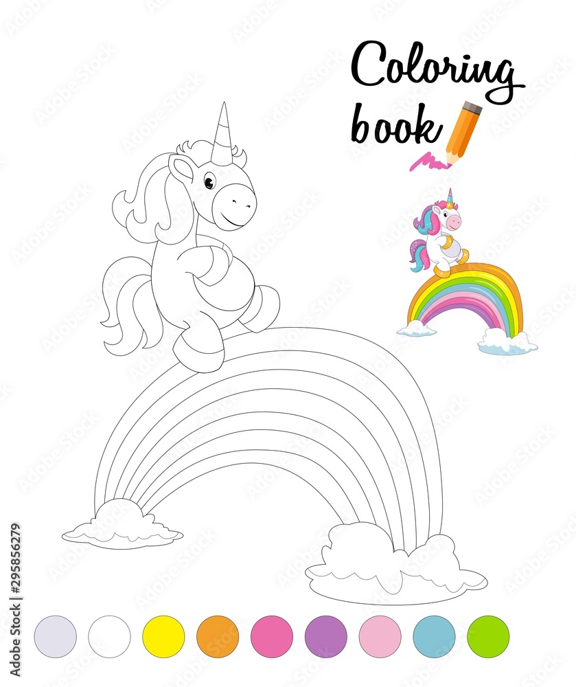 Coloring book or page for children with cartoon unicorn and rainbow bridge