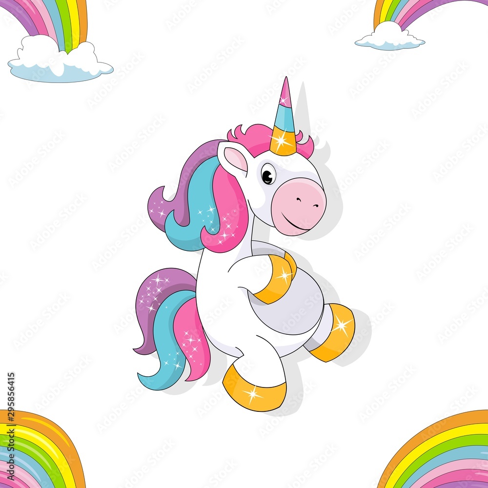 Seamless pattern with cute little smiling unicorn, rainbow bridge and clouds