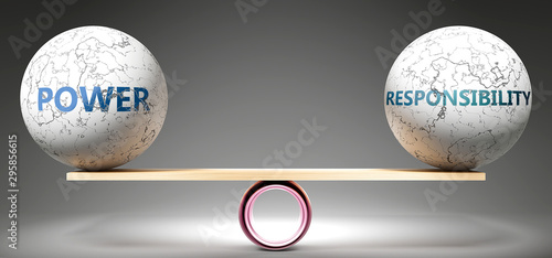 Power and responsibility in balance - pictured as balanced balls on scale that symbolize harmony and equity between Power and responsibility that is good and beneficial., 3d illustration