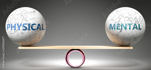 Fototapeta Naklejka Na Ścianę i Meble - Physical and mental in balance - pictured as balanced balls on scale that symbolize harmony and equity between Physical and mental that is good and beneficial., 3d illustration