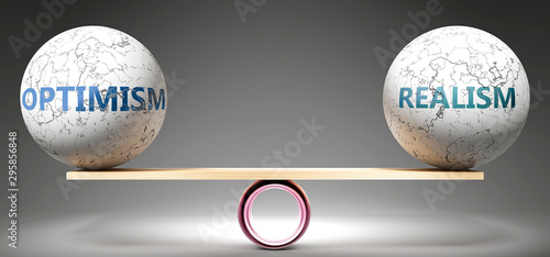 Optimism and realism in balance - pictured as balanced balls on scale that symbolize harmony and equity between Optimism and realism that is good and beneficial., 3d illustration