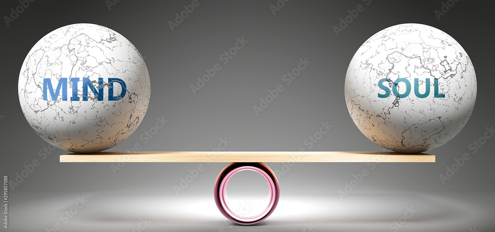 Mind and soul in balance - pictured as balanced balls on scale that symbolize harmony and equity between Mind and soul that is good and beneficial., 3d illustration - obrazy, fototapety, plakaty 