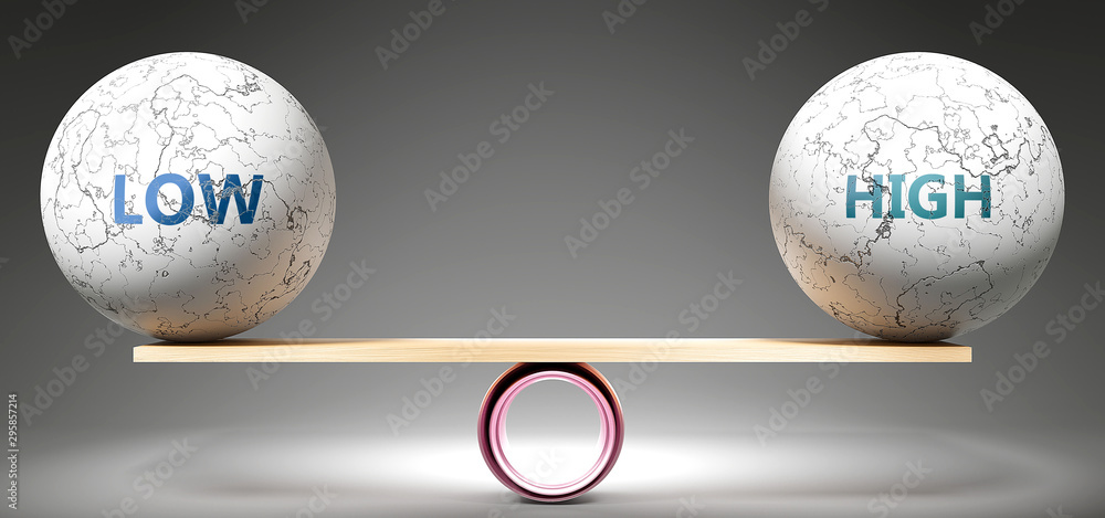 Low and high in balance - pictured as balanced balls on scale that symbolize harmony and equity between Low and high that is good and beneficial., 3d illustration