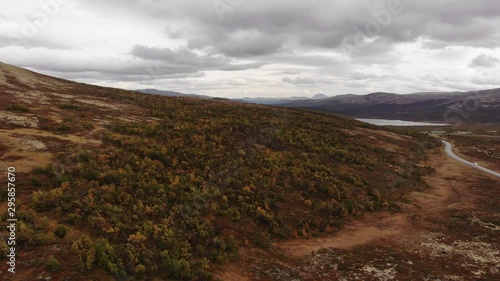 Aerial shot of the beautiful tundra landscape in Dovrefjell-Sunndalsfjella Nasjonalpark, Norway. photo