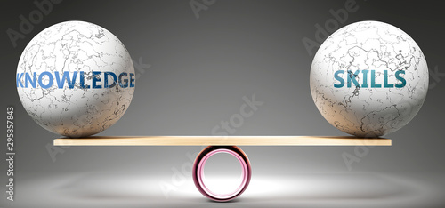 Knowledge and skills in balance - pictured as balanced balls on scale that symbolize harmony and equity between Knowledge and skills that is good and beneficial., 3d illustration photo