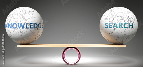 Knowledge and search in balance - pictured as balanced balls on scale that symbolize harmony and equity between Knowledge and search that is good and beneficial., 3d illustration