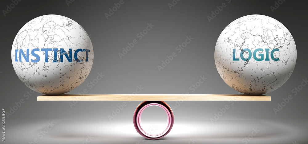 Instinct and logic in balance - pictured as balanced balls on scale that symbolize harmony and equity between Instinct and logic that is good and beneficial., 3d illustration - obrazy, fototapety, plakaty 