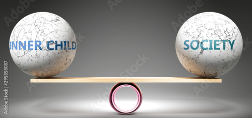 Inner child and society in balance - pictured as balanced balls on scale that symbolize harmony and equity between Inner child and society that is good and beneficial., 3d illustration