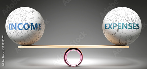 Income and expenses in balance - pictured as balanced balls on scale that symbolize harmony and equity between Income and expenses that is good and beneficial., 3d illustration photo