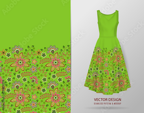 Seamless fashion background. Women's long dress mock up with bright seamless hand drawn pattern for textile, paper print. Isolated light yellow dress with floral pattern. vector