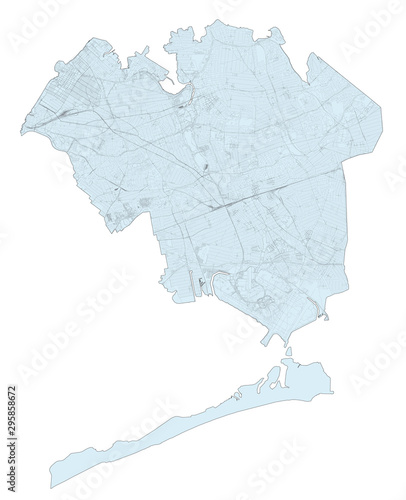 Satellite map of New York City, Queens, Usa. Map roads, ring roads and highways, rivers, railway lines. Transportation map