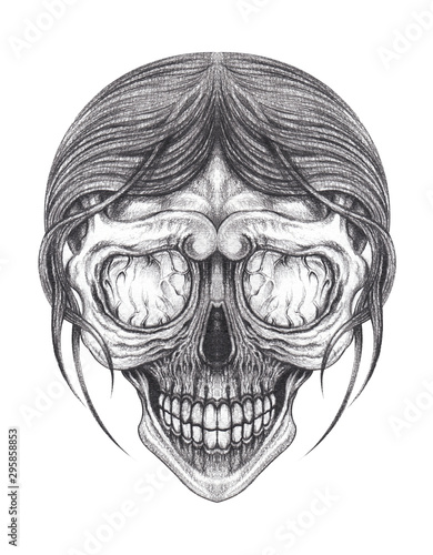 Art Surreal Skull Tattoo.Hand drawing on paper.