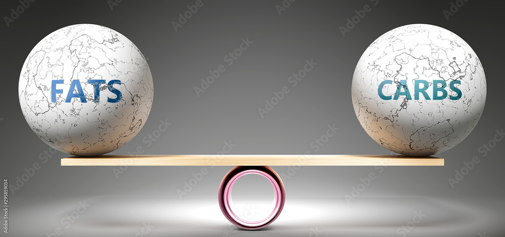 Fats and carbs in balance - pictured as balanced balls on scale that symbolize harmony and equity between Fats and carbs that is good and beneficial., 3d illustration