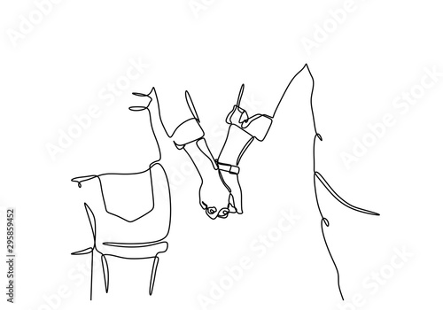 Continuous one line drawing of couple holding hands in romantic situation. Concept of love share, friendship, and humanity. Minimalism vector illustration simplicity design.
