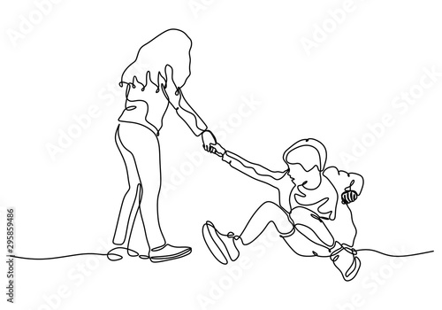 Continuous one line drawing of Sister help her little brother. Act of kindness within childhood theme. Young girl and child boy. Vector illustration minimalism design.