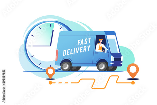 Delivery truck with man is carrying parcels. Vector illustration.