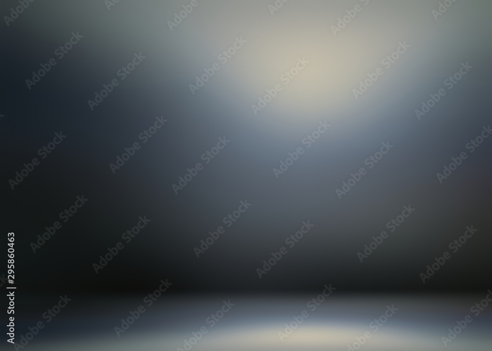 Dark brutal metal wall and floor 3d background. Black grey blue transition hologram texture. Low light. Mystery empty room