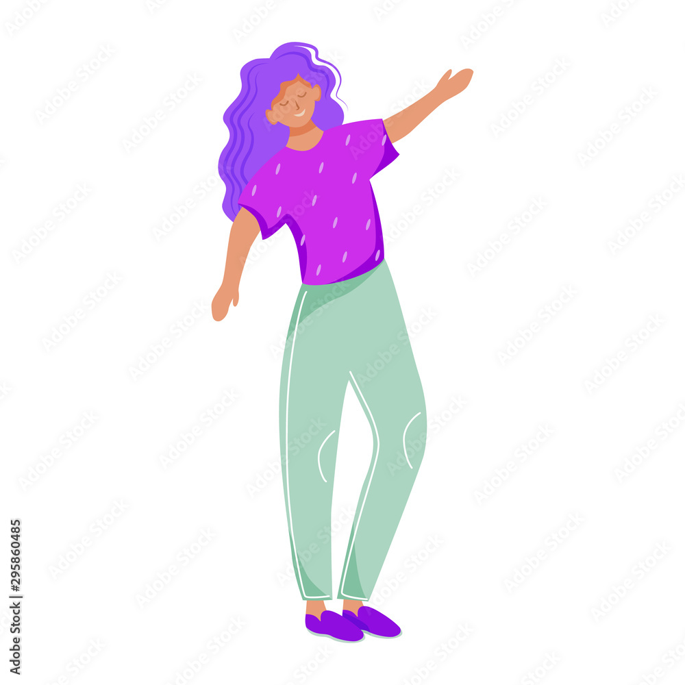 Dancing girl flat vector illustration. Holiday celebration. Adolescent person on fitness training. Happy smiling caucasian woman doing morning exercises isolated cartoon character on white background